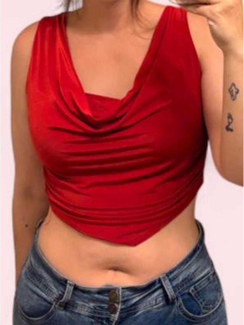 Red Crowl Neck Fitted Crop Top